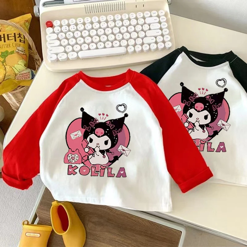 女童纯棉长袖t恤春秋薄款洋气宝宝中小童打底衫撞色拼接圆领上衣t