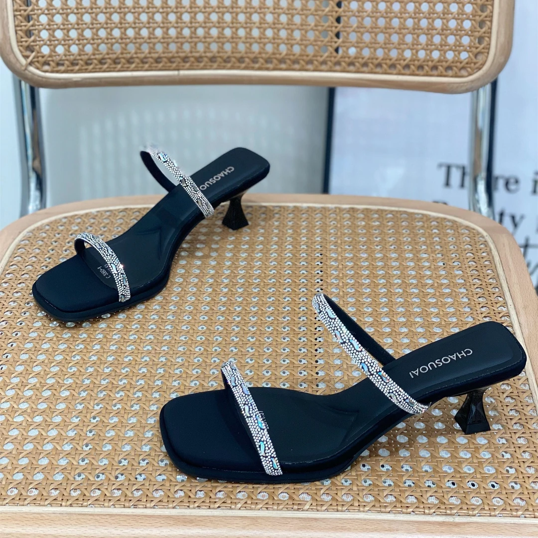 法式套趾细跟凉拖鞋女夏外穿2025新款配裙子水钻高跟鞋方头一字拖