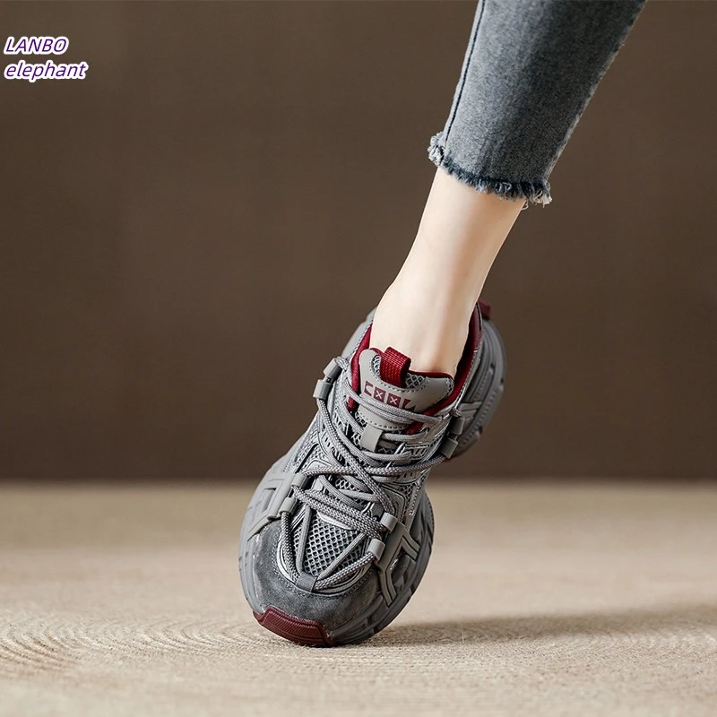 复古安可拉红老爹鞋女2026夏季新款女鞋百搭显脚小真皮休闲运动鞋