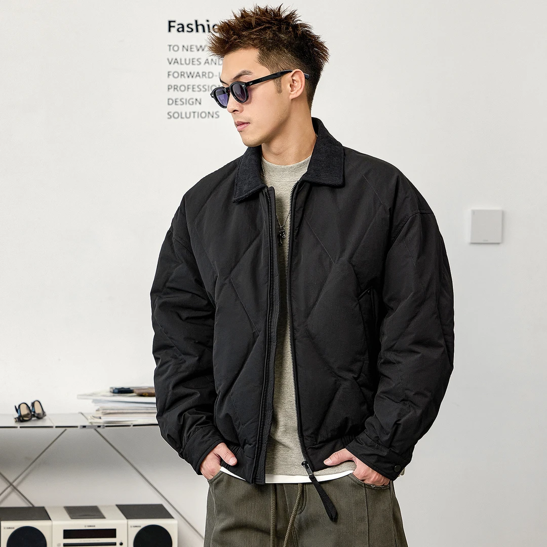 Aft studio褶皱感 辑格黑色翻领羽绒服男冬季2025新款防寒服外套