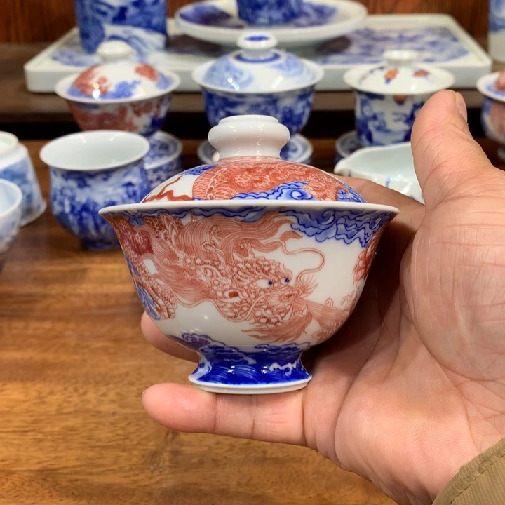 自成堂柴窑青花釉里红双龙盖碗