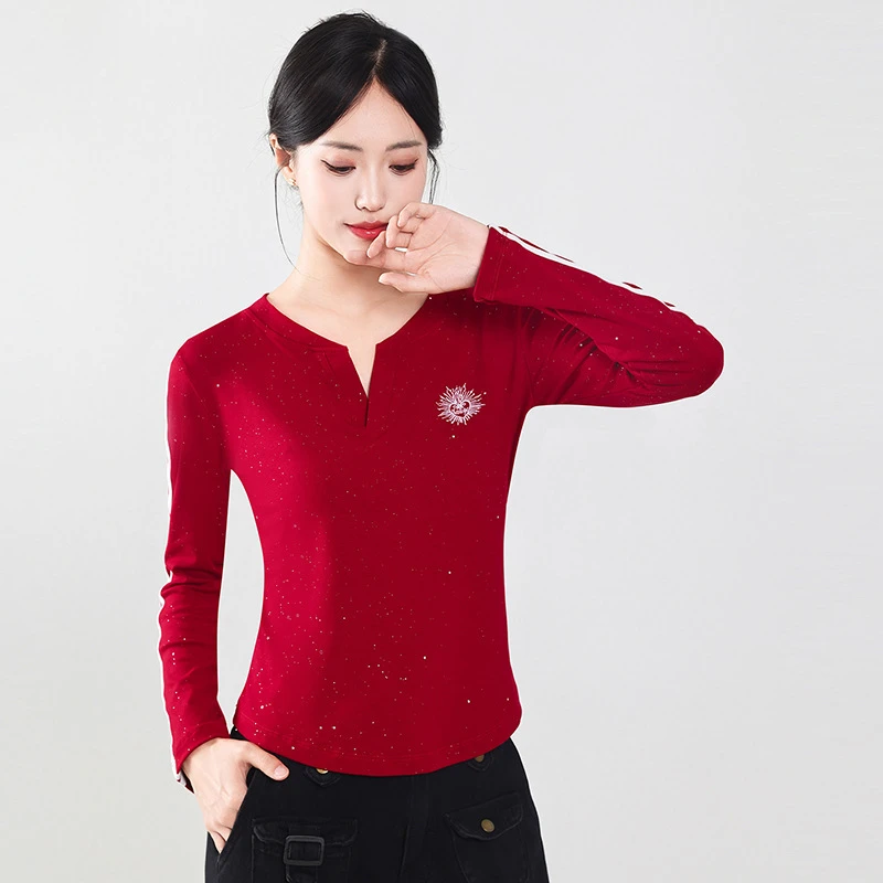 简约T恤女V领显瘦上衣女气质网红打底衫长袖时尚透气上衣打底衫