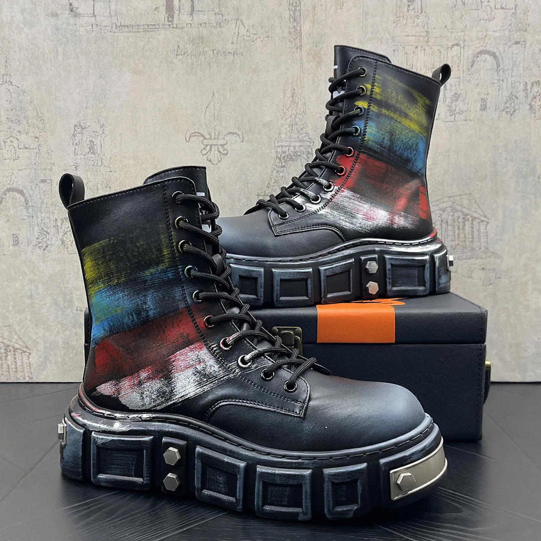 秋季新款欧美街头小众潮流多巴胺潮色做旧擦色复古脏脏厚底马丁靴