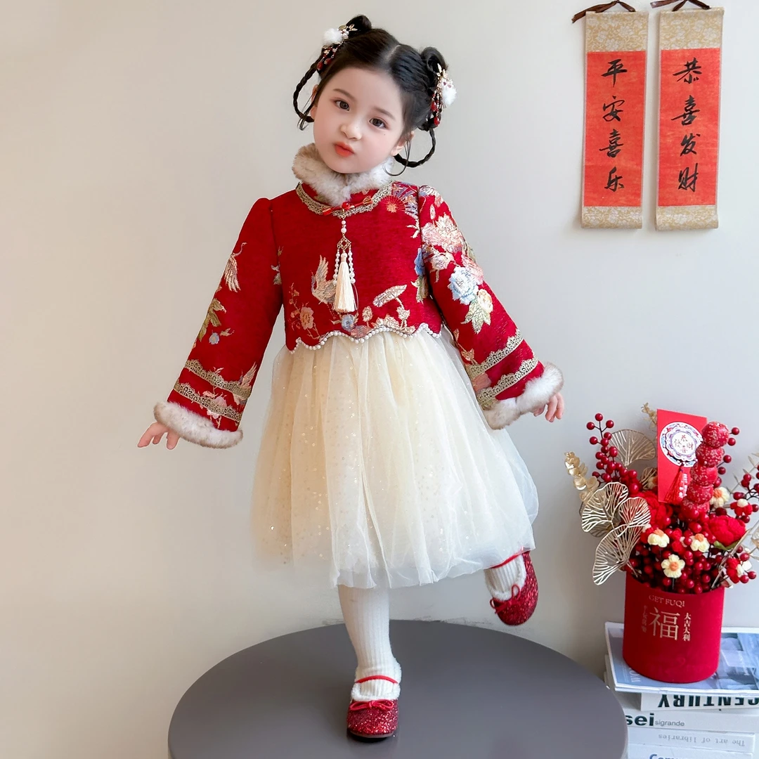 女童年服连衣裙儿童加厚春节拜年纱裙小女孩宝宝秋冬装2026新春潮