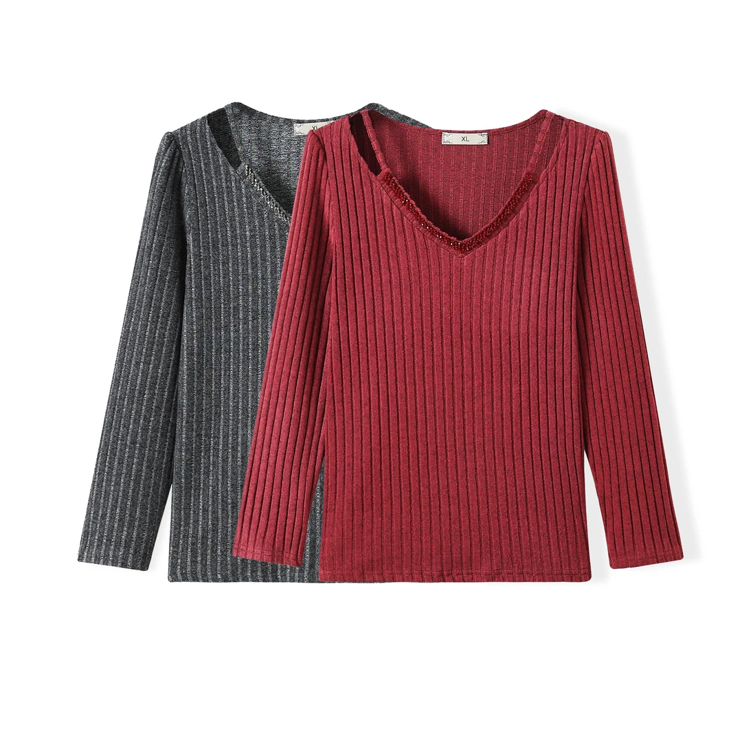 蕾蕾2025秋季新款大码女装V领露肩钉珠长袖针织衫修身上衣25002