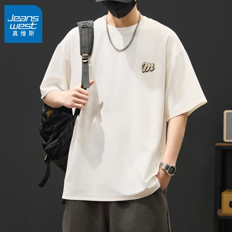 Jeanswest/真维斯春夏新款T恤男士短袖潮牌宽松印花休闲百搭圆领