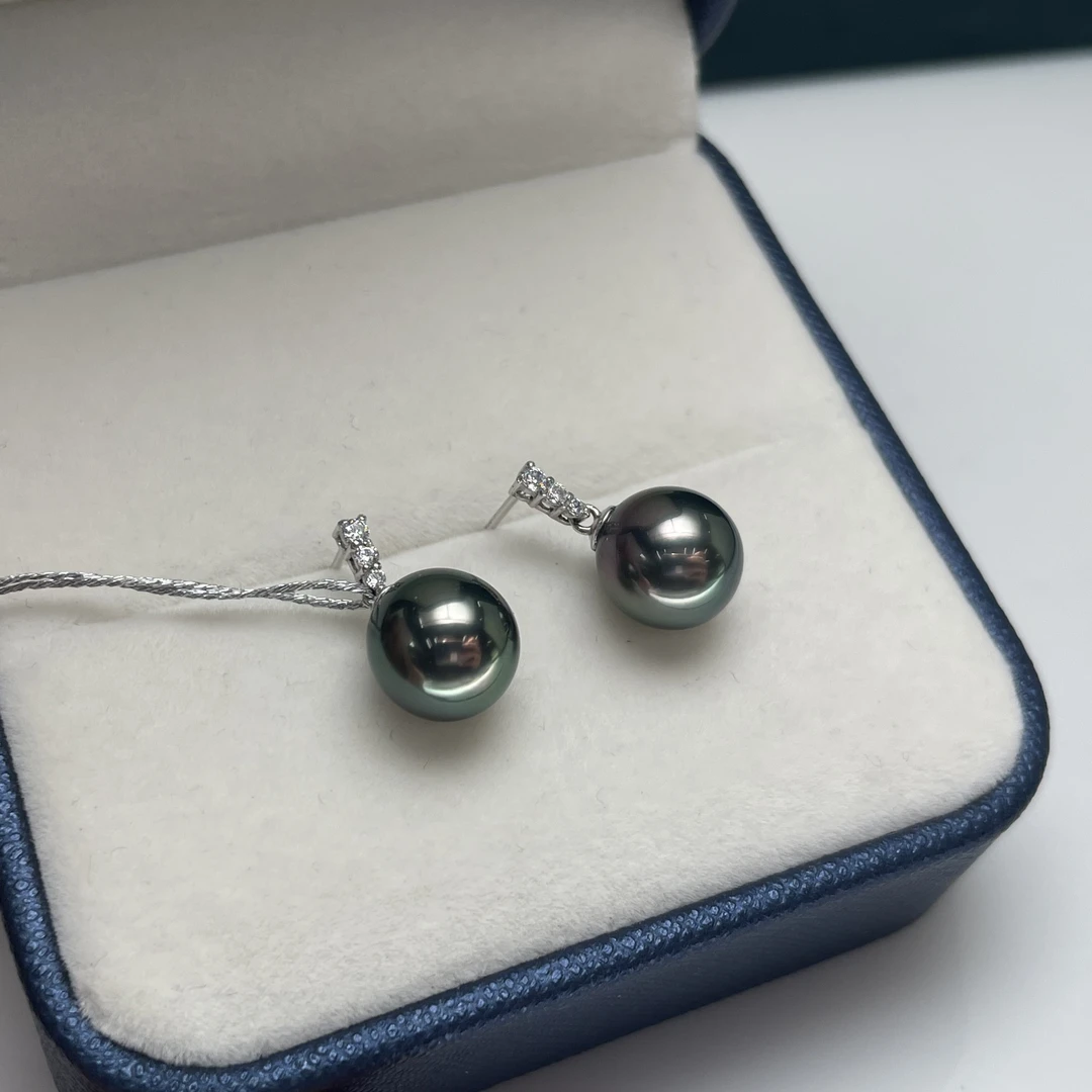大溪地珍珠18K耳坠9-10三颗石款镜面光潮流高级感