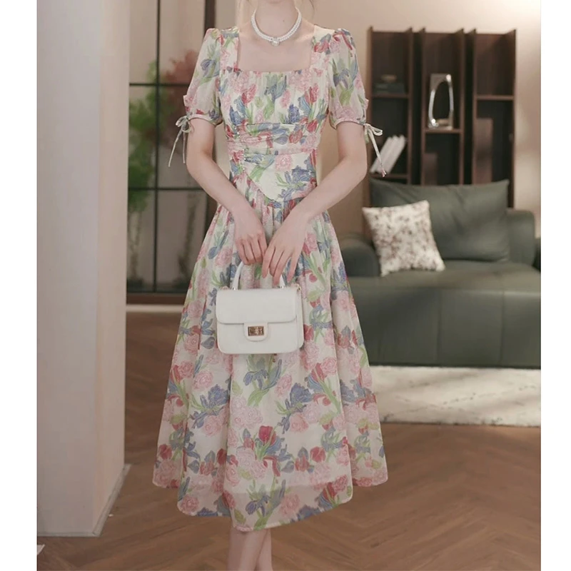 薇宝儿塔塔-【现货】【粉雾鸢尾】新款气质显瘦收腰连衣裙-B4127K