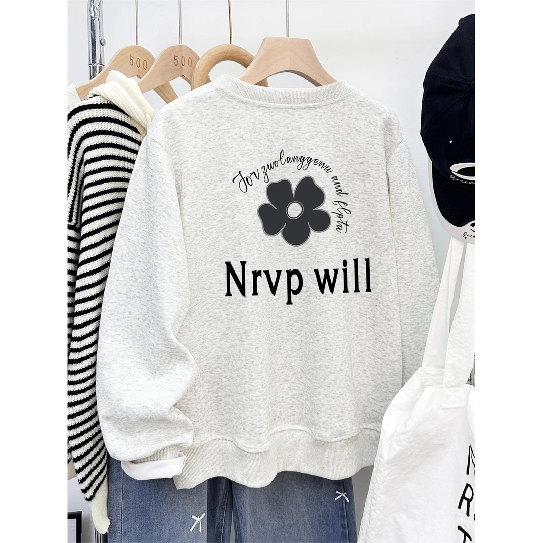 休闲大码圆领正肩卫衣女秋冬季胖mm宽松时尚花朵前后印花套头上衣