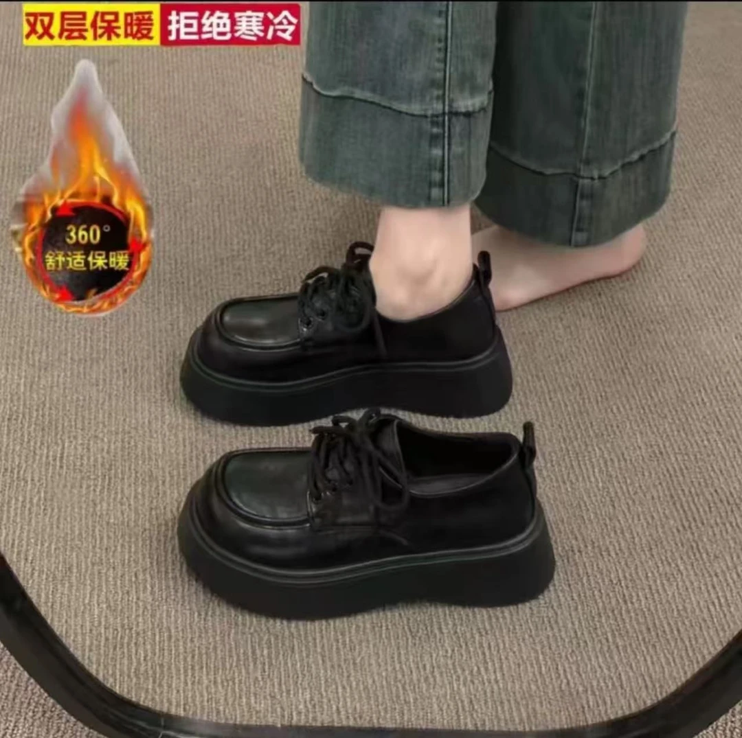 厚底乐福鞋女2025冬季爆款圆头防滑英伦风百搭休闲小皮鞋女