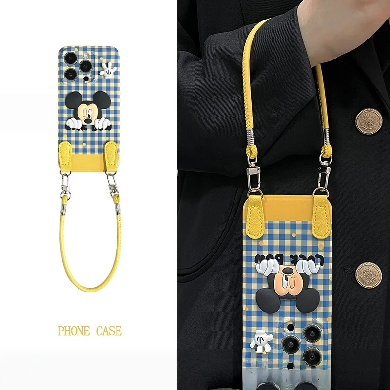 潮流蓝格卡通公仔手绳适用苹果16promax手机壳iPhone15斜挎14女13