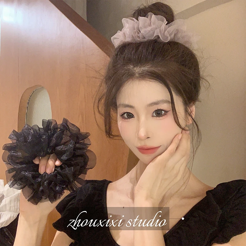 褶皱网纱发圈女高级感优雅丸子头皮筋发绳头饰