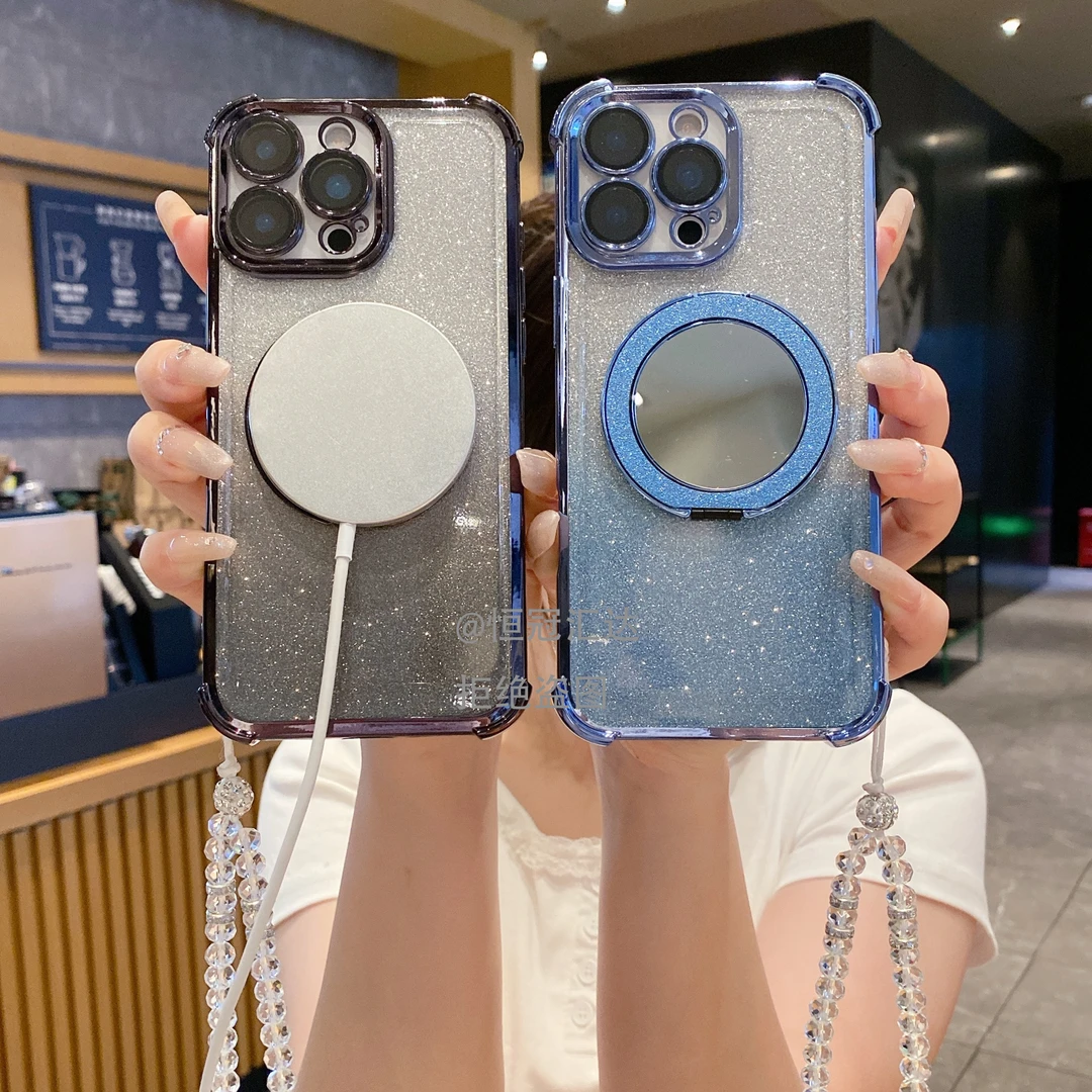 高档360旋转支架电镀适用苹果16手机壳华为vivoppo闪粉网红软壳