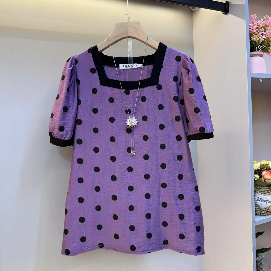 时尚2025夏新款大码女装方领洋气波点简约高级感短袖衫