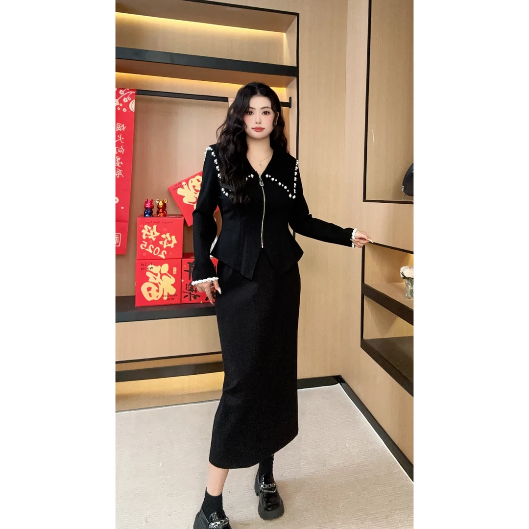 胖mm微胖定制~~显瘦修身时尚海军领珍珠上衣+半身裙【HC1666】