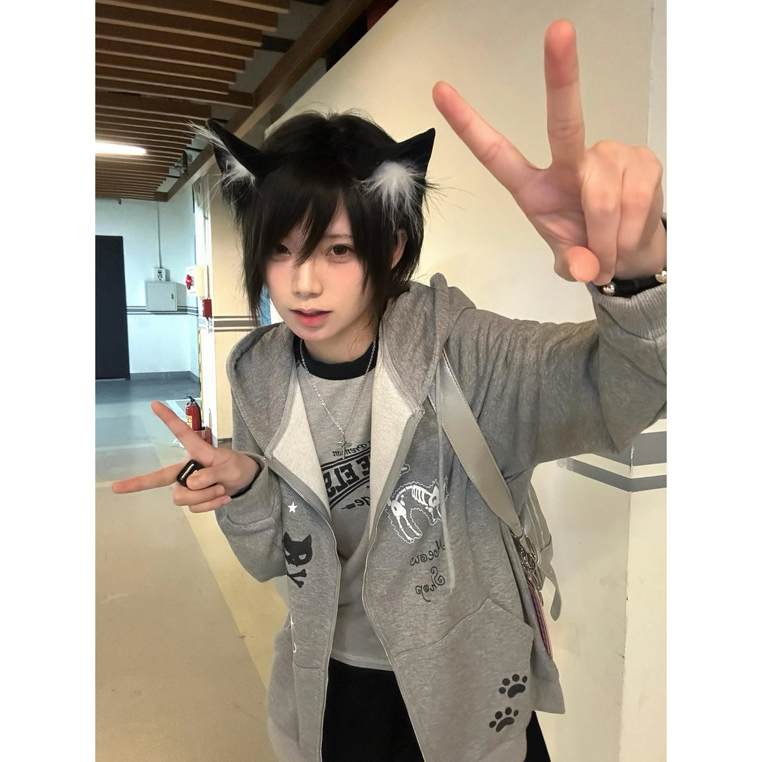 新款日系少女风可爱卡通印花连帽卫衣女春秋款宽松百搭开衫外套