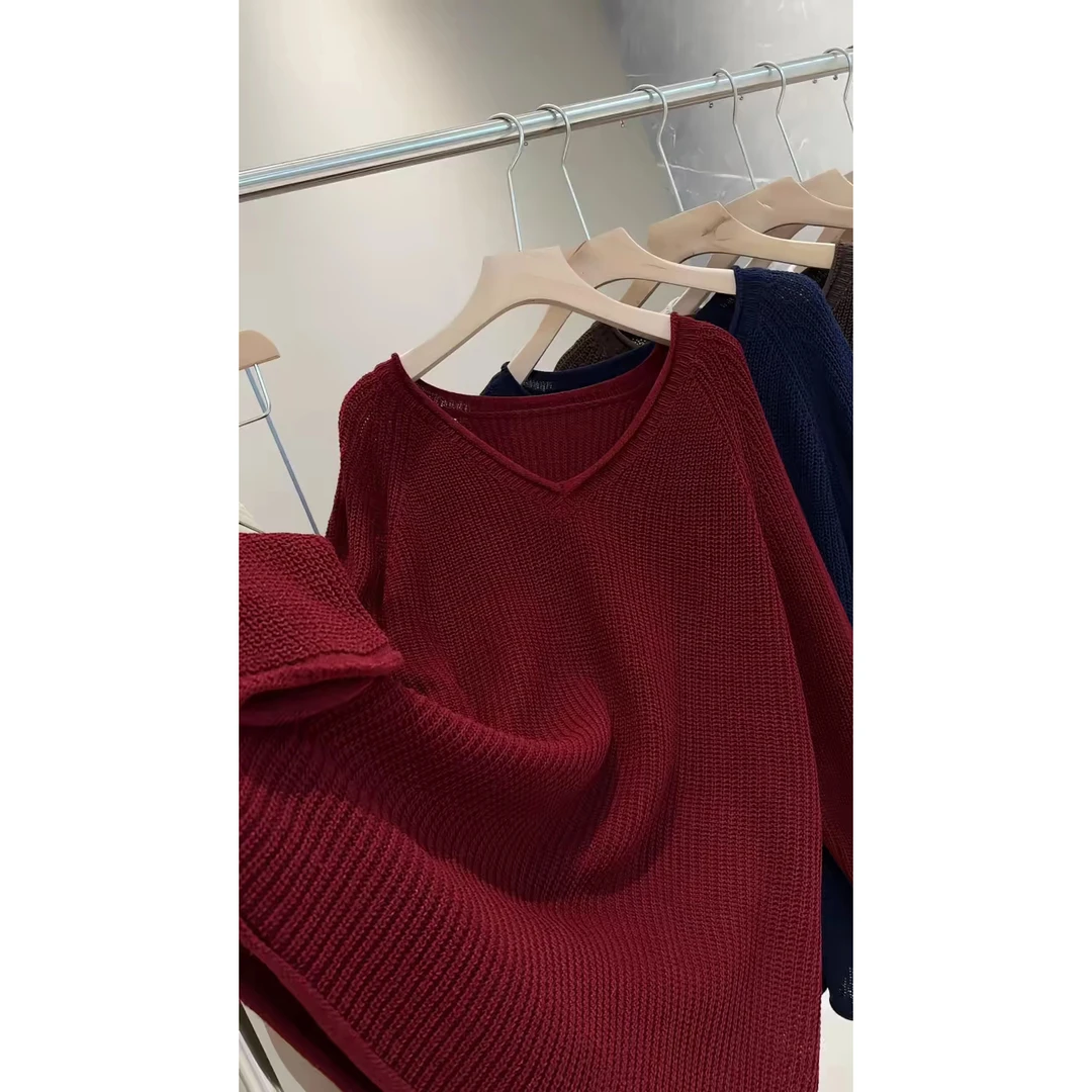 欧货慵懒风大版插肩袖卷边V领针织毛衣