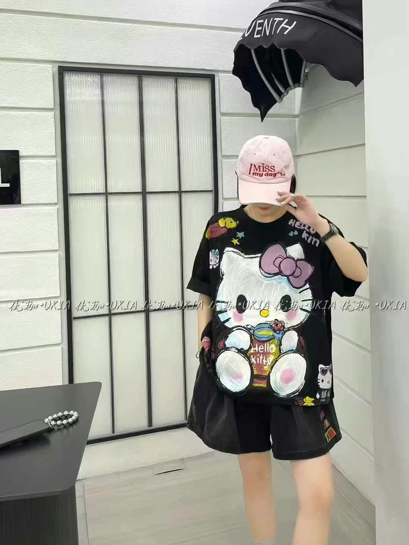 2025夏季新款卡通印花KT猫宽松百搭短款T恤女