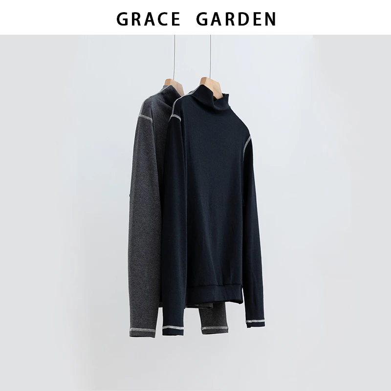 GRACE GARDEN【直角肩！】撞线半高领显瘦打底T恤NT5I2018