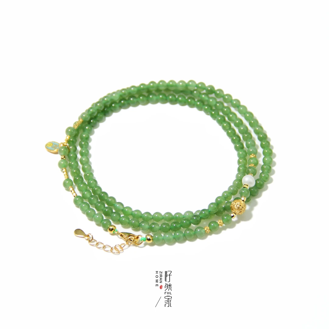 天然和田玉碧玉果绿圆珠无黑点4mm长链多圈手链国风新中式（长款）