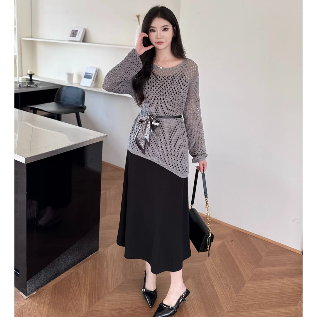 秋季套装女2025新款慵懒风松弛感气质宽松针织镂空上衣吊带连衣裙