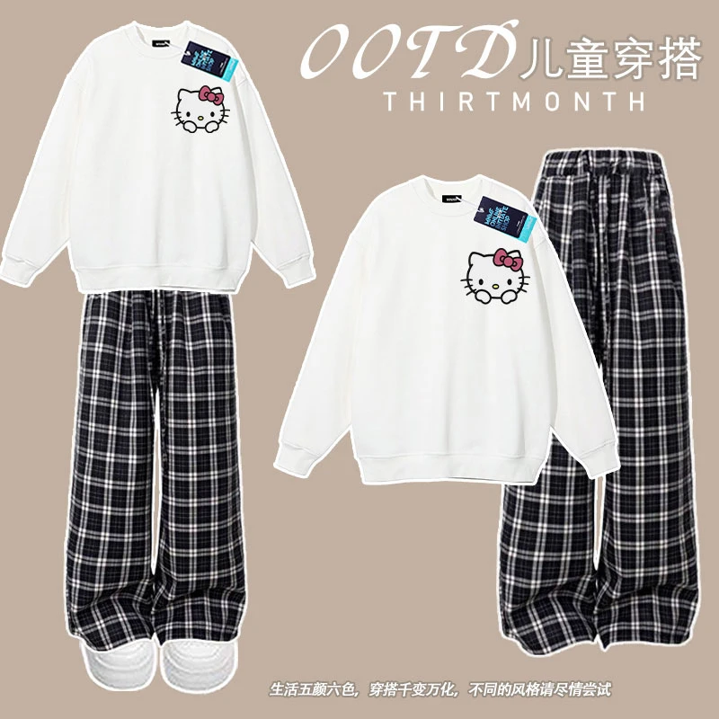 日系卡通kt猫印花女童圆领卫衣套装秋冬新款阔腿格子裤学生两件套