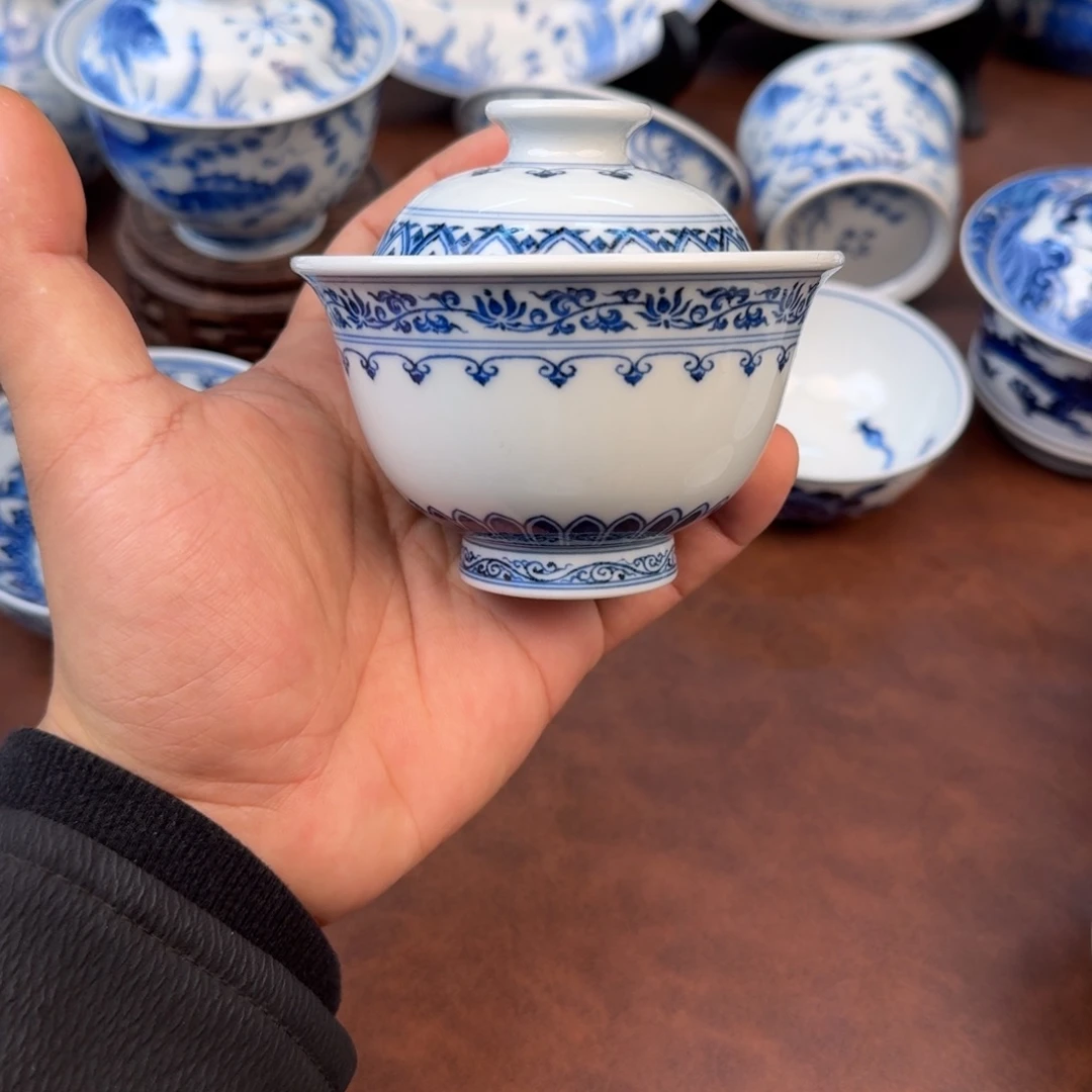 摆件陶宝相盖碗手绘