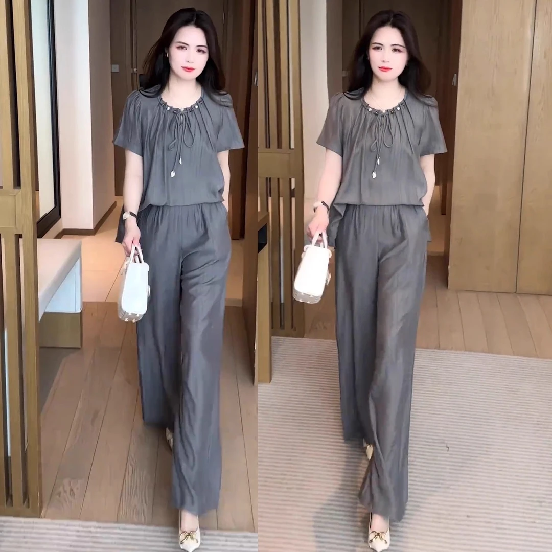 时尚气质套装女2025夏季新款宽松遮肚显瘦短袖阔腿裤冰丝两件套潮