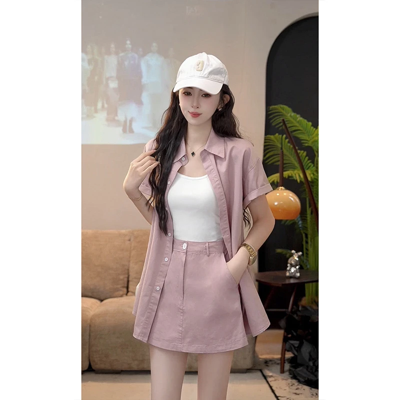 YUANLIANSU/圆脸酥【梅子冰沙】夏季甜美短袖衬衫+半身裙两件套女