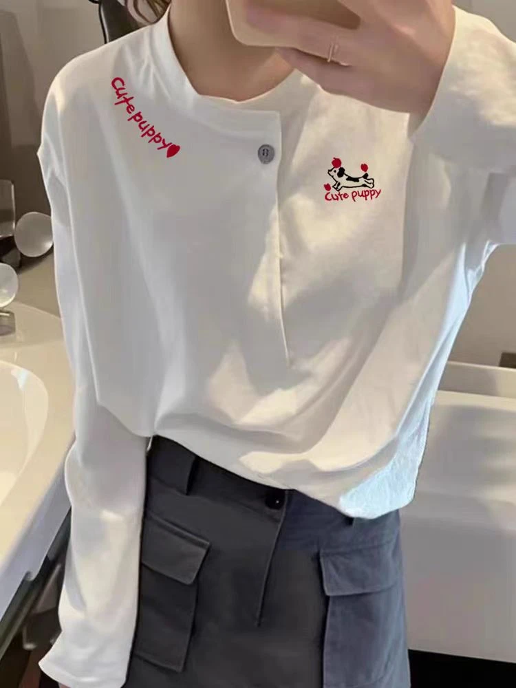 白色长袖t恤女2025早秋新款设计感一粒纽扣半开领显瘦上衣ins时尚