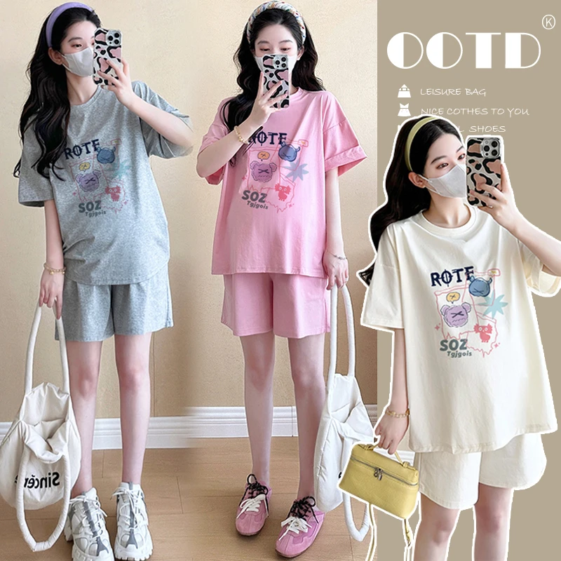 2025孕妇套装夏季新款韩版圆领上衣托腹短裤宽松休闲时尚两件套