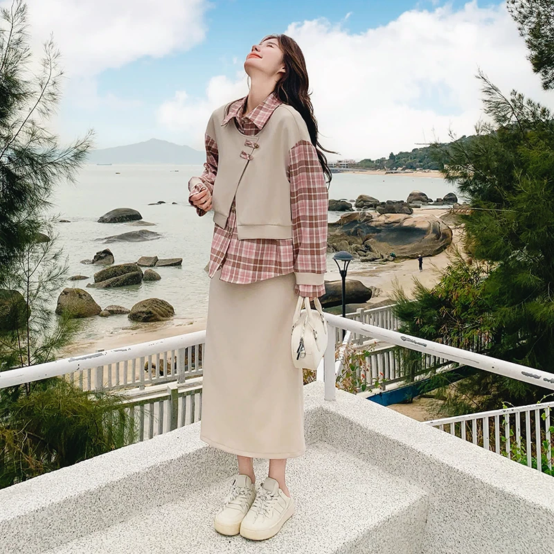 设计感假两件格纹上衣半身裙两件套女春季新款韩版可盐可言套装裙