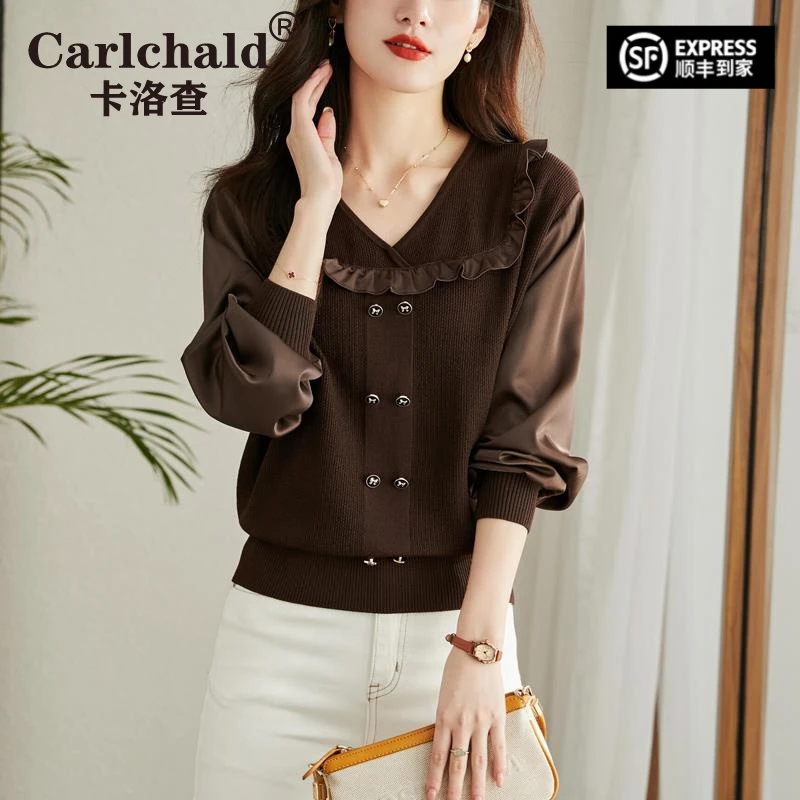 CARLCHALD卡洛查春款显瘦2025年新款荷叶边翻领针织衫小个子长袖
