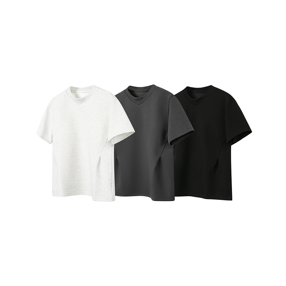 美式复古解构拼接褶皱短袖T恤男女boxy正肩cleanfit纯色上衣-6227