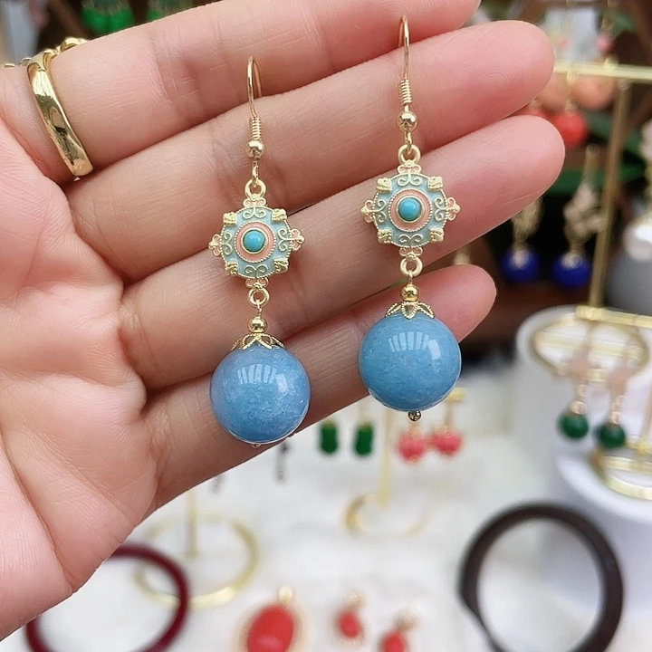 石英质玉耳钉合金海蓝珐琅配件