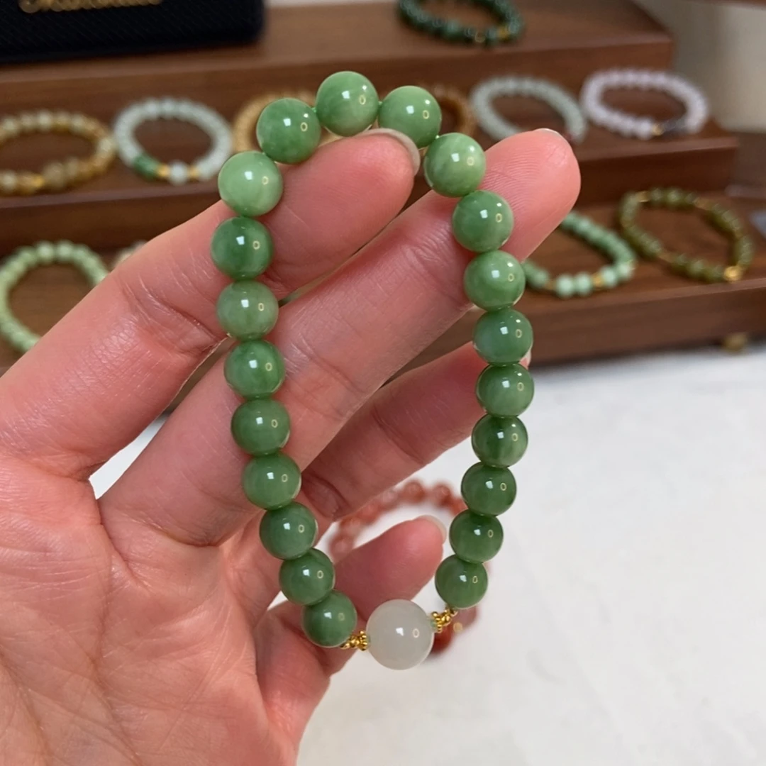 和田玉18K金镶嵌手链8mm黑阳洞碧玉精品