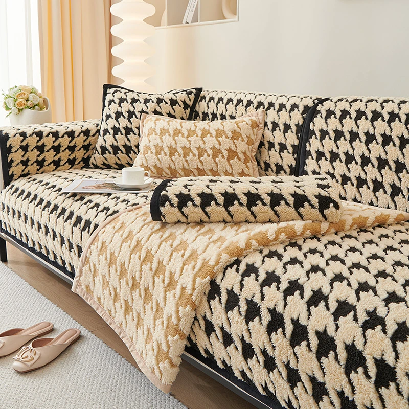 千鸟格毛绒沙发垫冬季防滑真皮沙发套罩巾保暖冬天盖布网红坐垫子