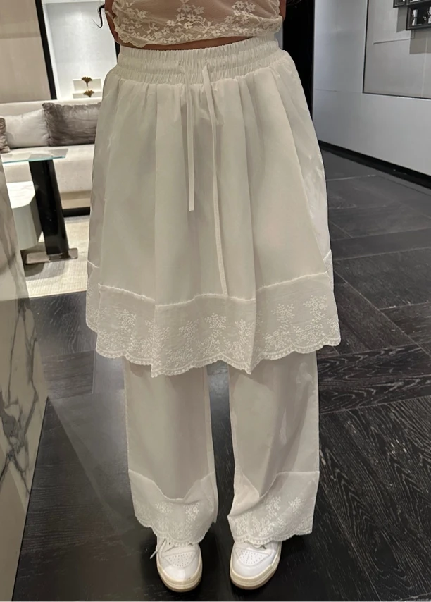 LILULU 纯欲系 宽松休闲版半身裙大裙摆白色韩版时尚蕾丝紧腰阔腿