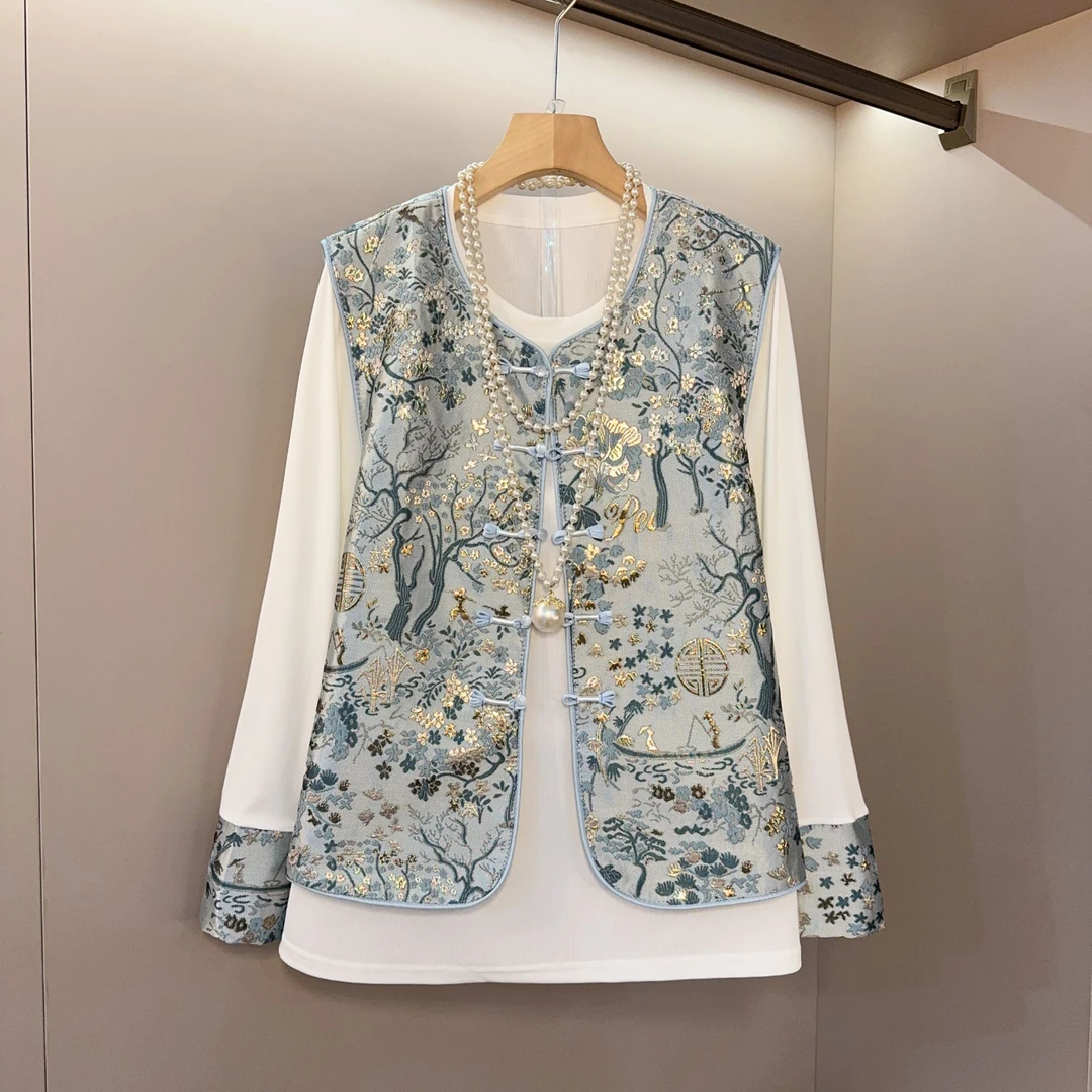 2025早春复古新中式提花工艺中国风微胖马甲百搭洋气显瘦气质套装