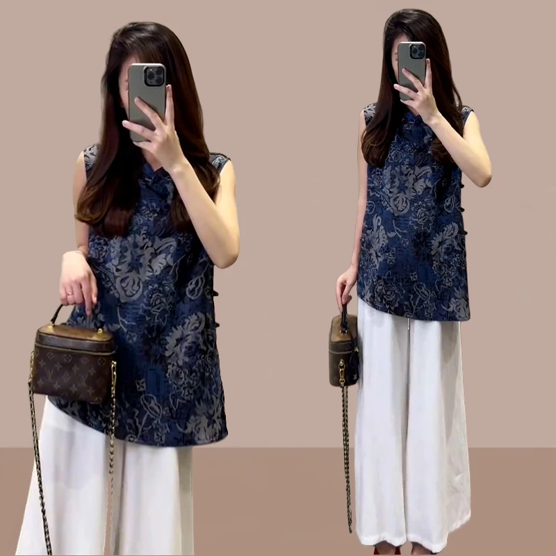 欧货老钱风套装女2025年夏季新款休闲盘扣无袖上衣阔腿裤两件套潮