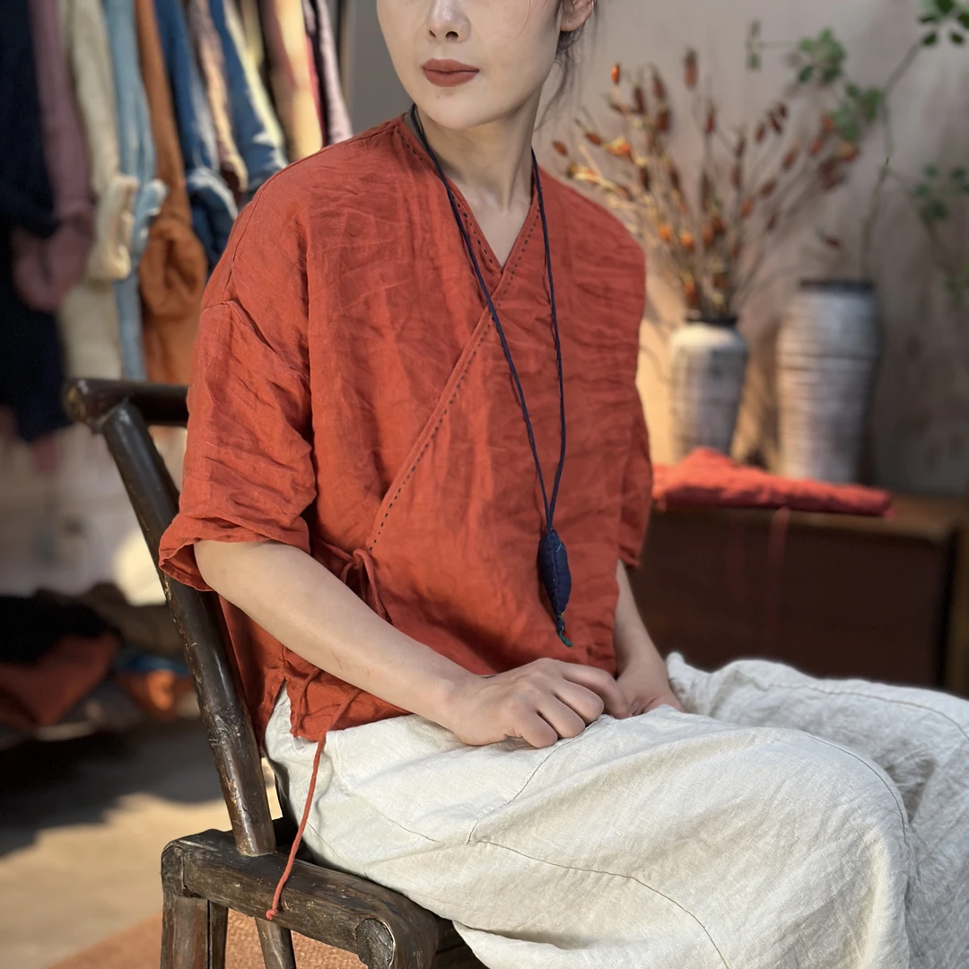 纯衣不染/夏季新款/无尘/薄款砂洗亚麻复古斜襟系带开衫