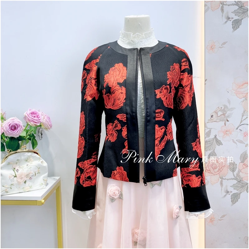 PinkMary粉红玛琍秋冬红色短款圆领上衣外套女夹克PMAFW635819