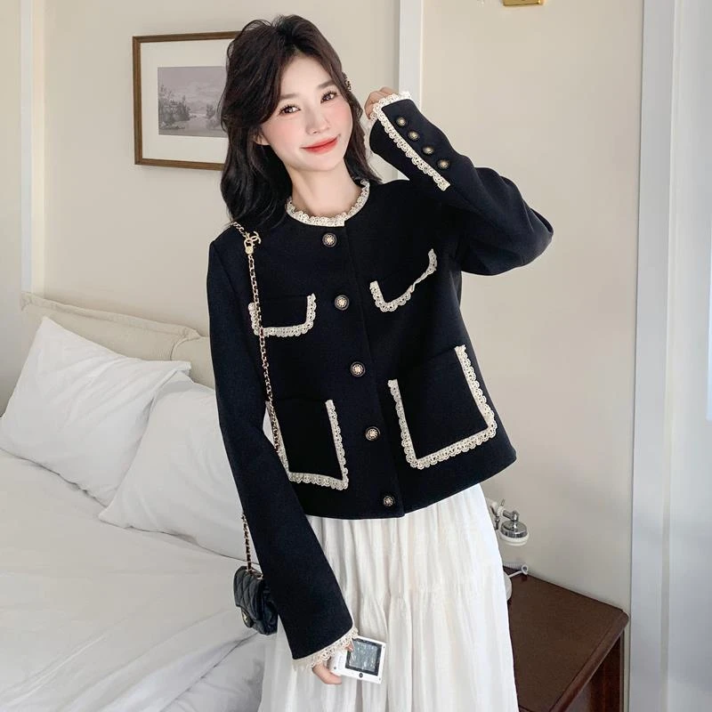 黑色复古法式气质名媛小香风上衣女春新款小个子轻熟风显瘦短外套