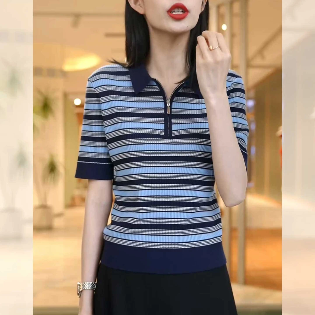 夏季新款女条纹撞色冰丝休闲时尚洋气针织衫半拉链短袖polo领上衣