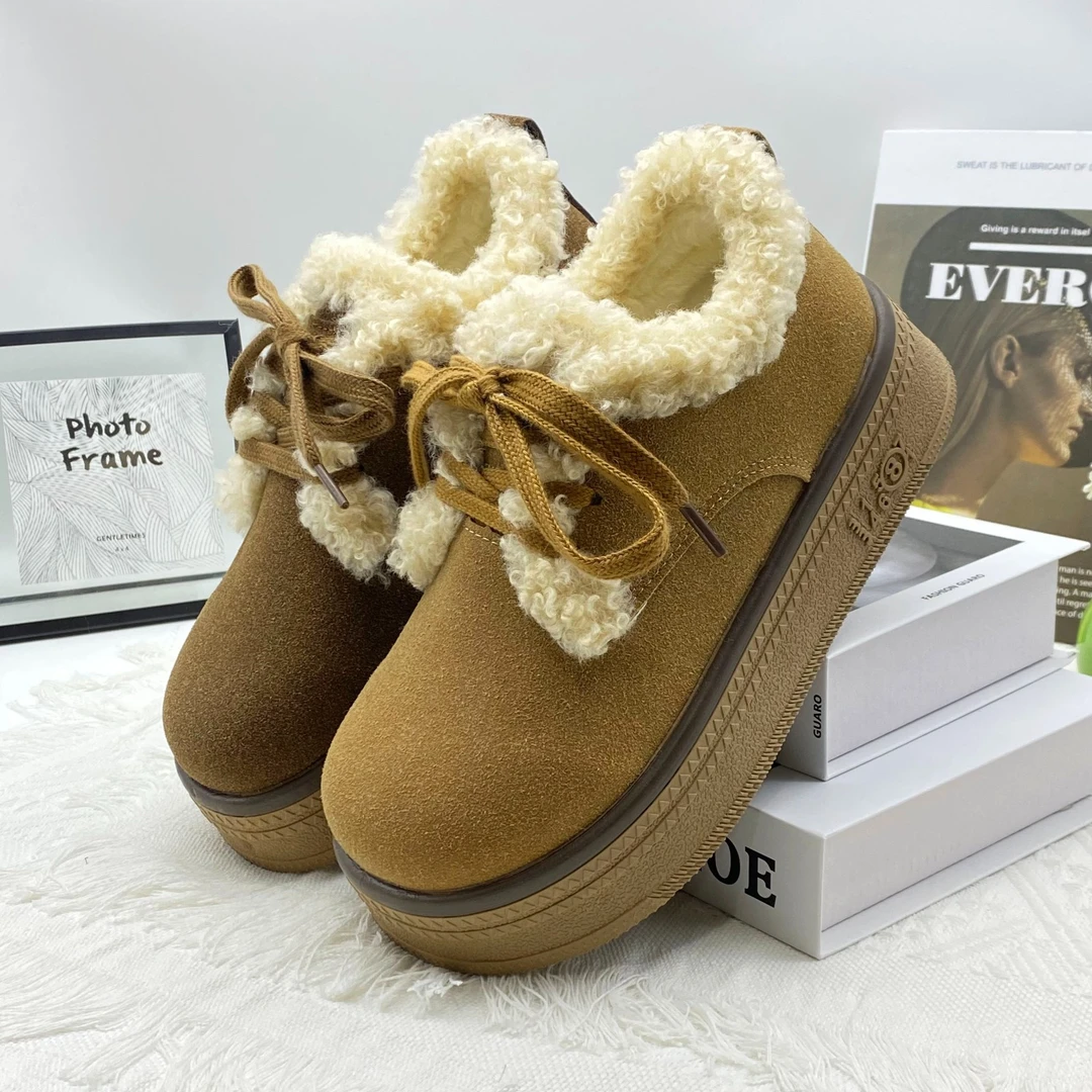复古毛毛口加绒雪地棉鞋女2025冬季新款圆头保暖厚底防滑休闲棉鞋