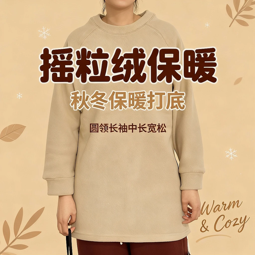 T608 秋冬新款女士休闲百搭宽松中长款圆领长袖T恤摇粒打底衫