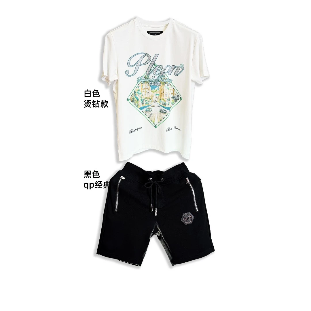 PP奢潮男装 4分卫裤+闪钻液氨棉T恤夏季高档男士全棉休闲短裤组合