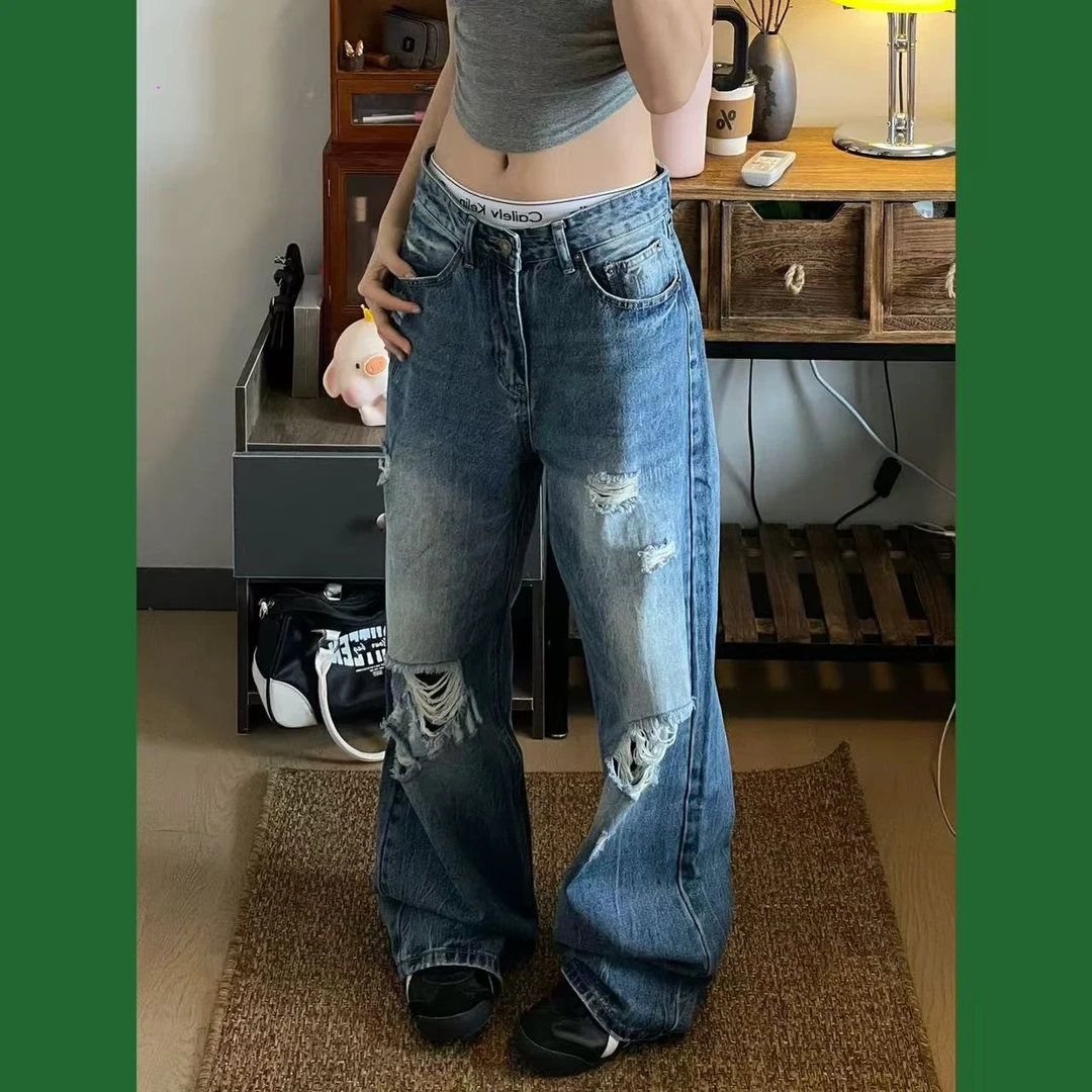 SHEEZ美式夏季破洞牛仔裤男女复古破坏宽松水洗直筒阔腿裤拖地裤