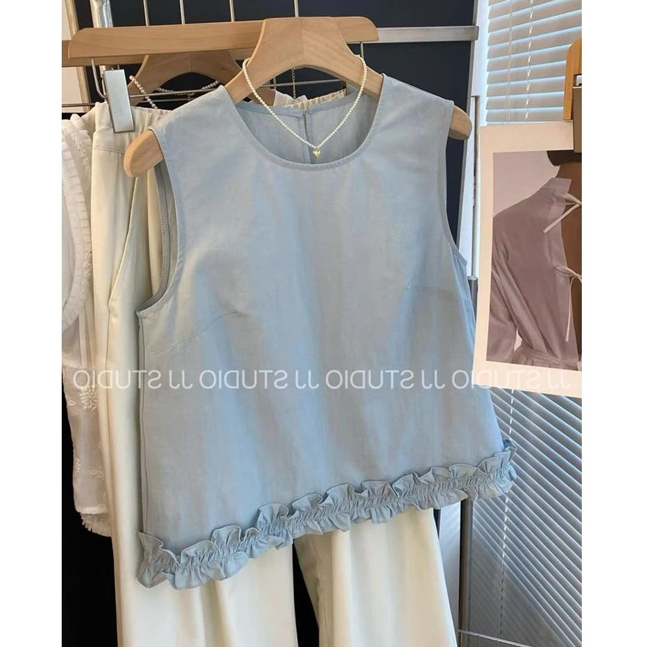 减龄小花边 韩国东大门百搭纯色宽松无袖衬衫女背心上衣可爱小衫