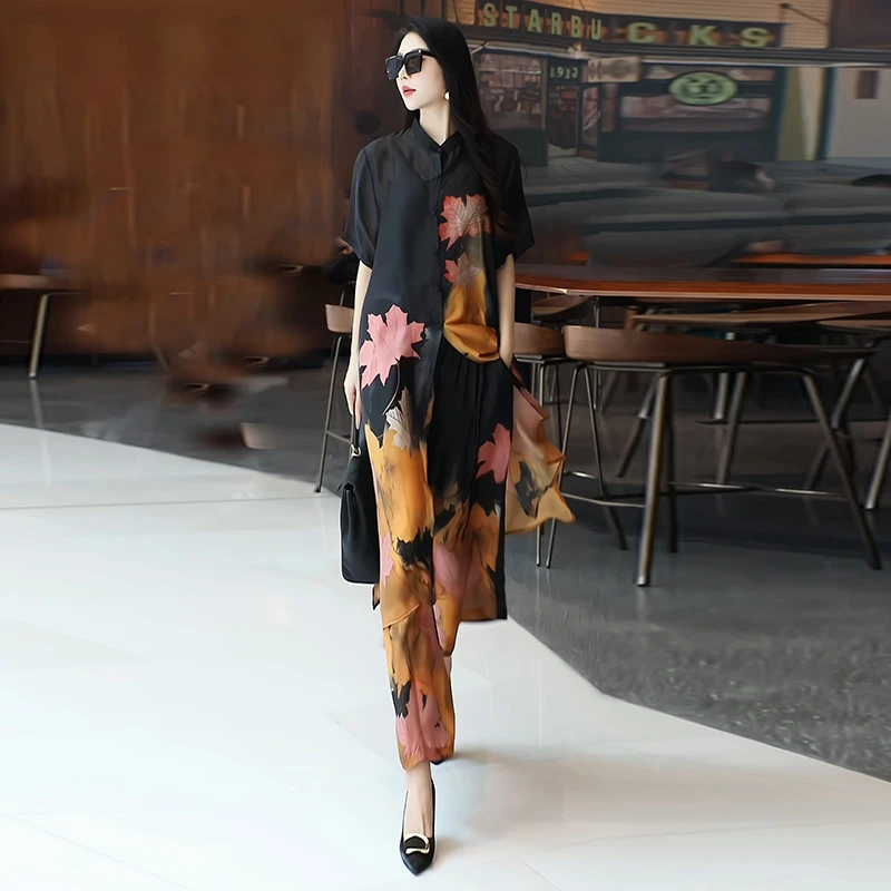 25夏季时尚气质印花中长款套装宽松显瘦减龄九分裤二件套时尚女装